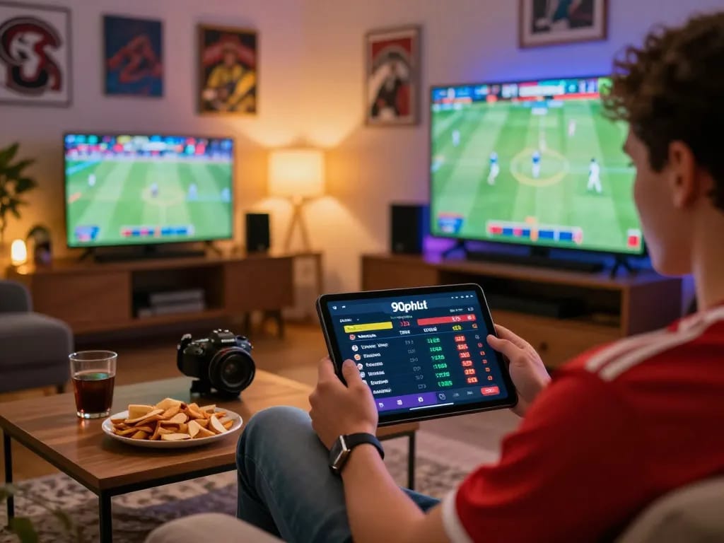 The user engaging with the 90phut betting interface on a tablet, showcasing sports betting strategy.