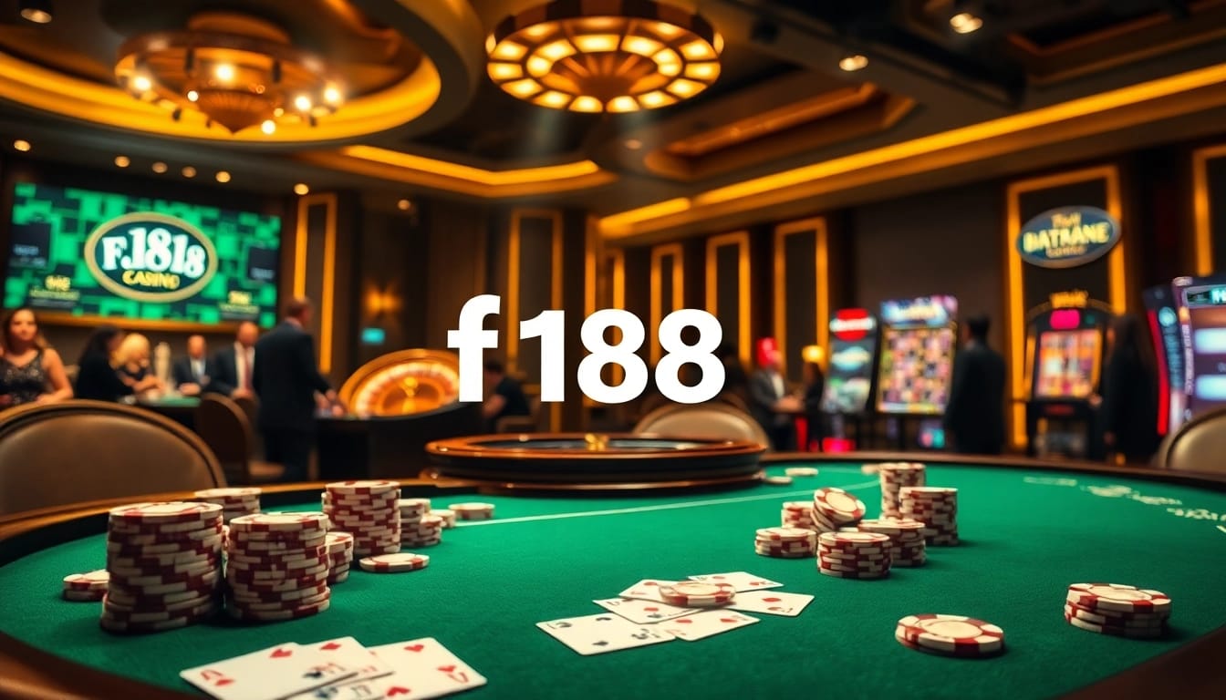 Experience high-stakes gameplay at F168, showcasing a vibrant casino scene with poker chips and roulette wheel.