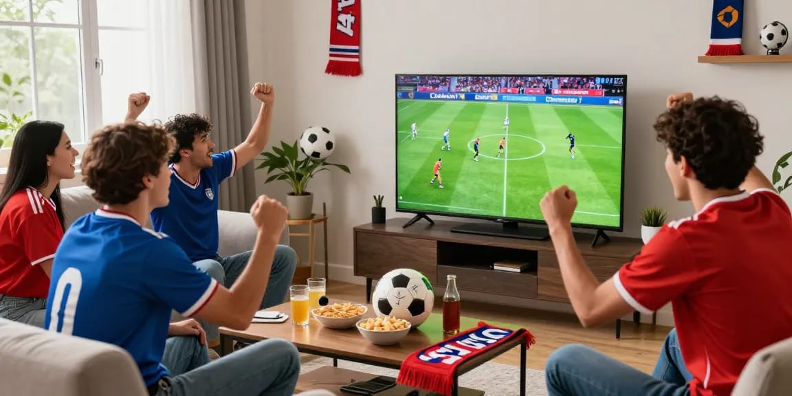 CakhiaTV viewing party with friends enjoying a football match at home, vibrant atmosphere filled with excitement and snacks.
