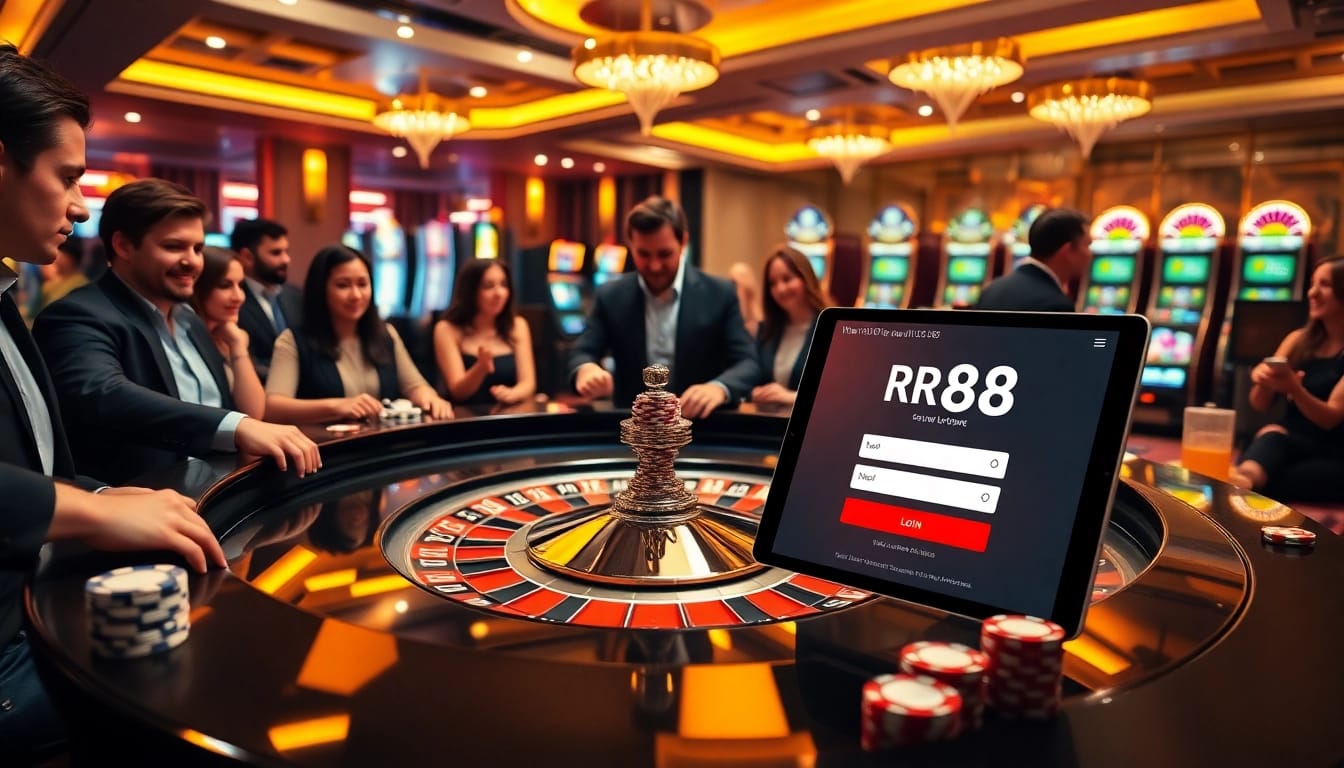 rr88 dang nhap scene with a sleek roulette table and vibrant gamblers in an exciting casino atmosphere
