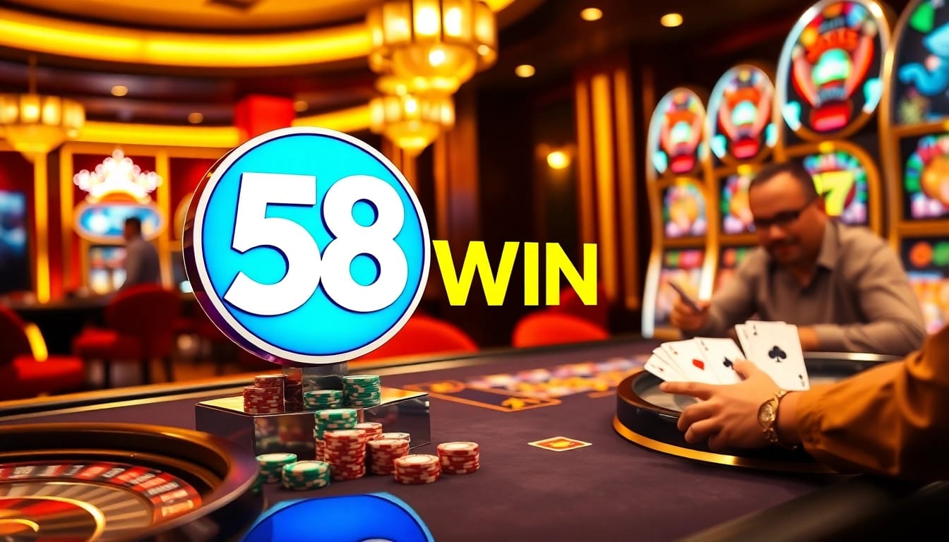 A thrilling casino scene featuring 58WIN with poker chips, a roulette wheel, and dynamic slot machines.