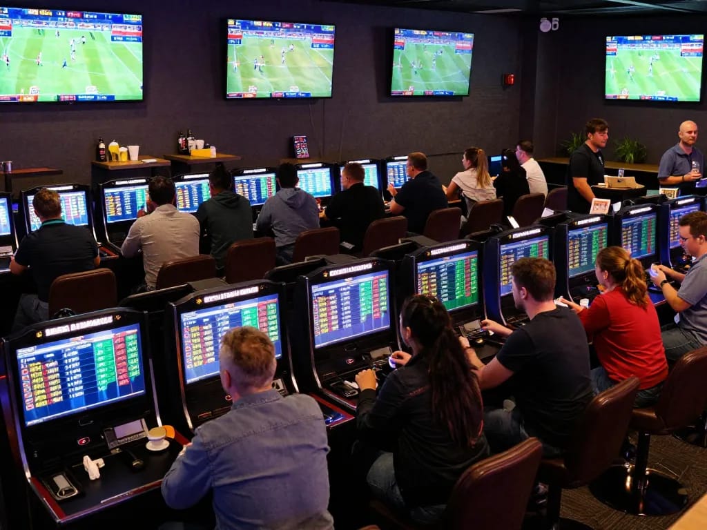 Active sports betting scene with patrons excitedly discussing betting options at hit club venue