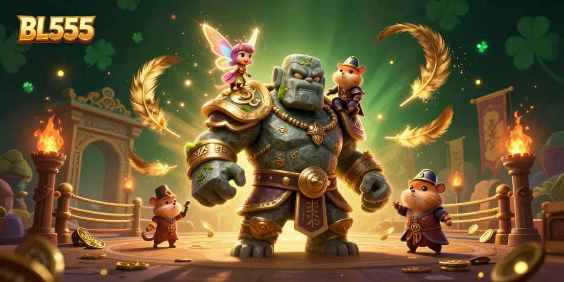 Experience the magic of BL555 through a dynamic casino scene featuring a golem and fairy.