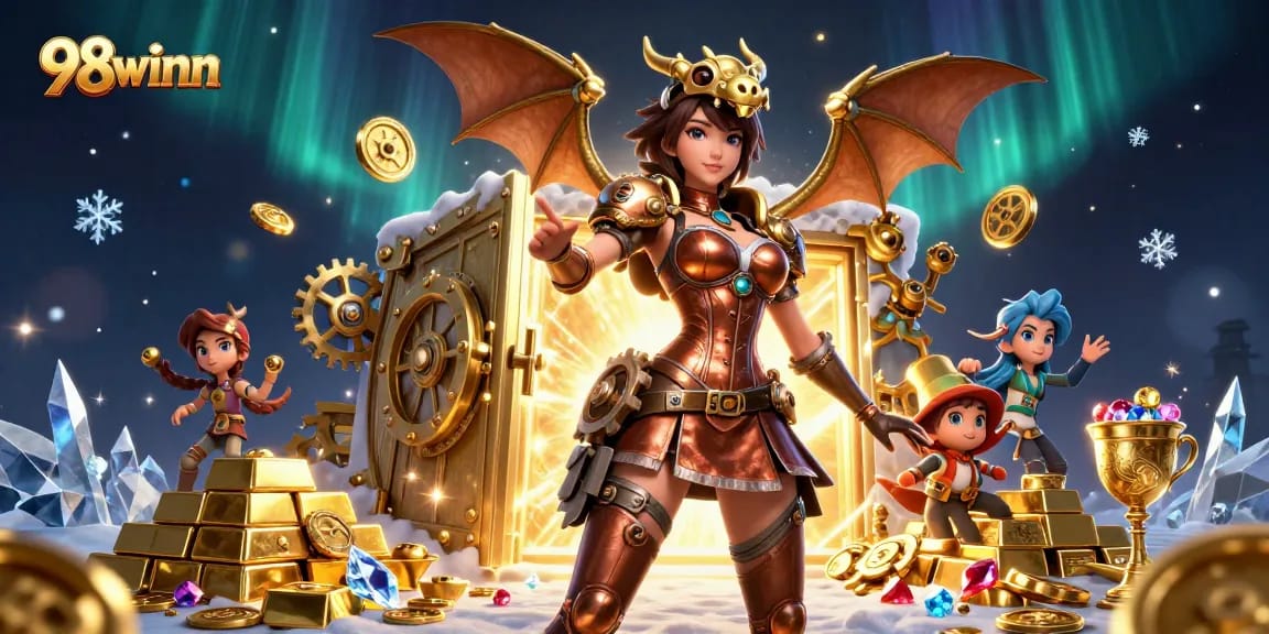 Experience excitement at 98winn with vibrant casino-themed 3D illustration featuring treasures and characters.