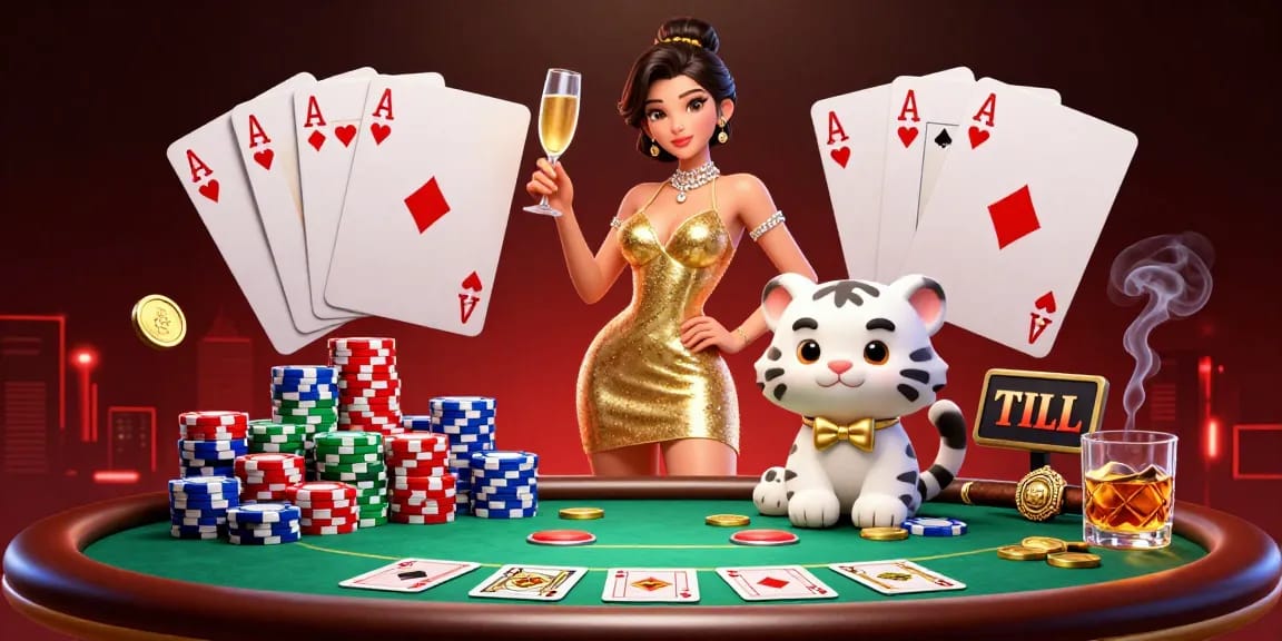 Experience thrilling wins at Hitclub with glamorous casino elements and a lucky white tiger cub.