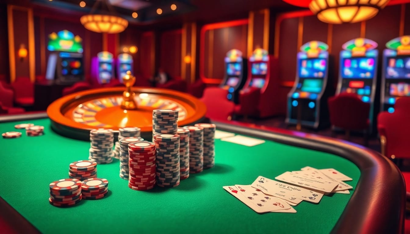 Experience the thrill of gambling at https://we88top.io/ with an elegant casino backdrop featuring poker tables and roulette wheels.