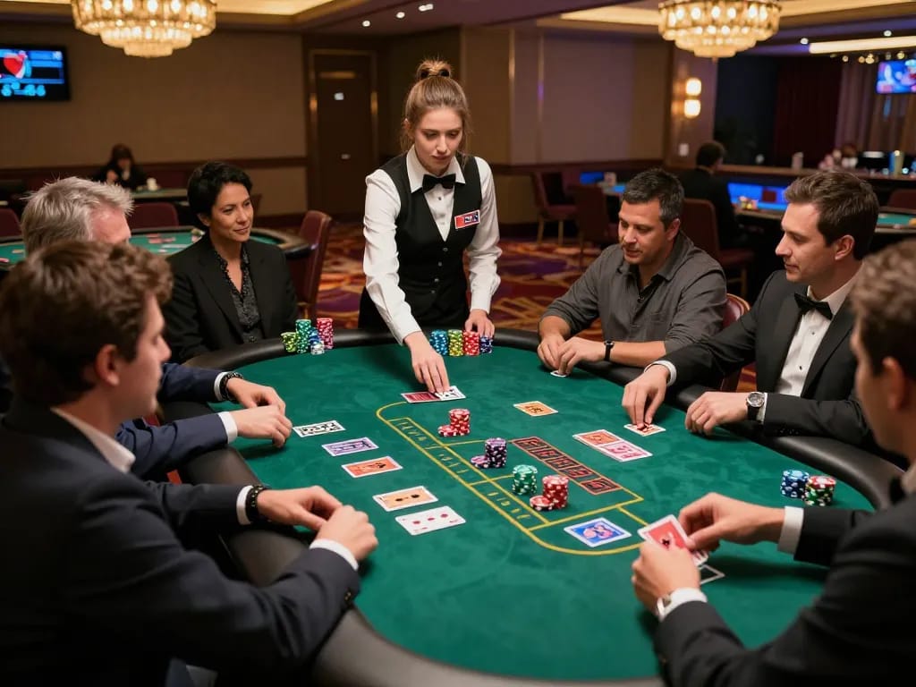 Players are strategizing at a blackjack table at LLWIN casino, showcasing dynamic card action and excitement.