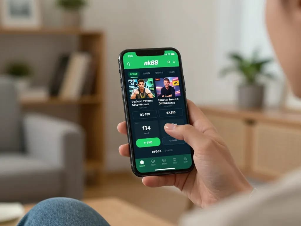 Placing bets on nk88 sports betting app in a cozy home environment