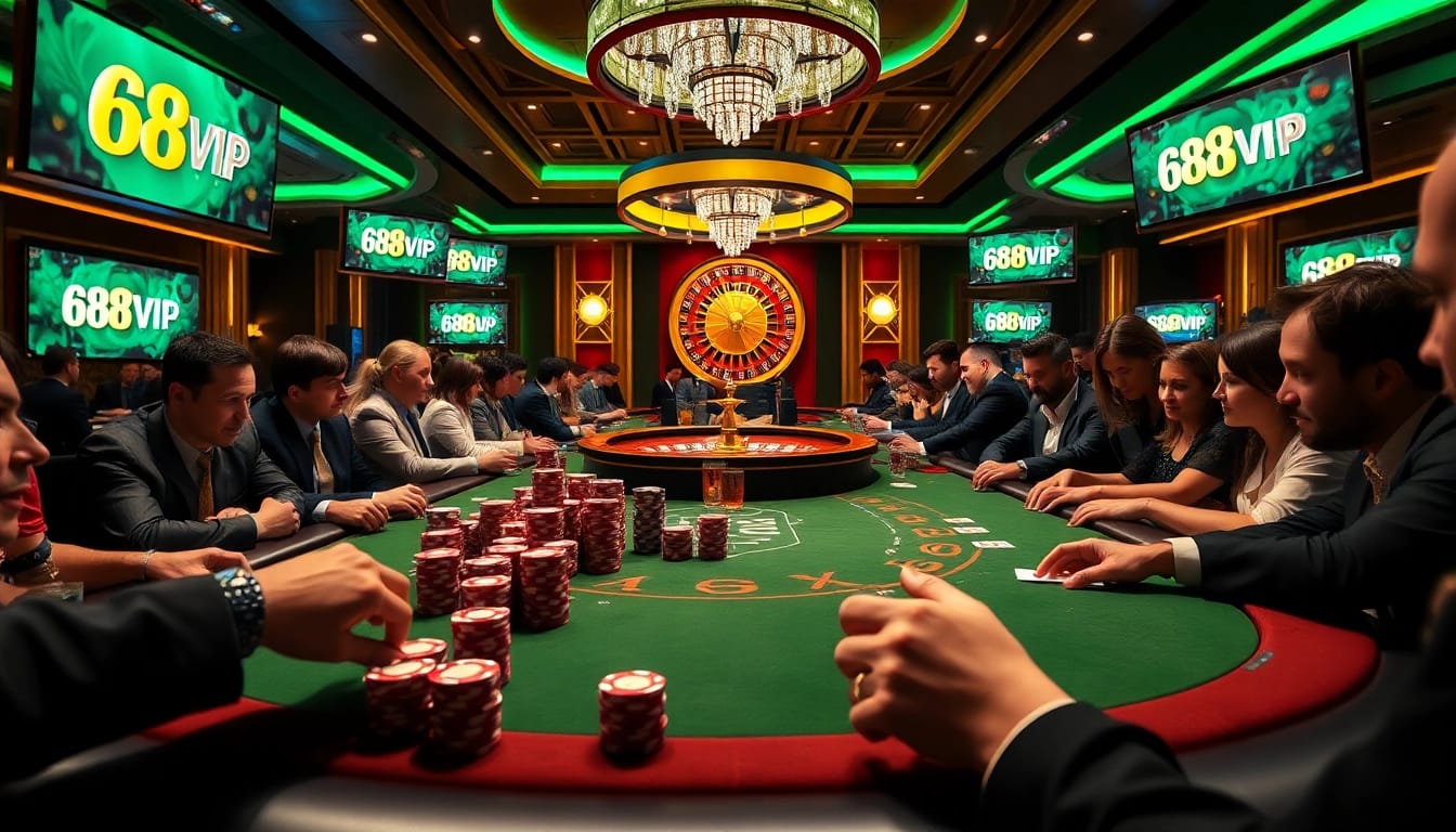 Players enjoying a high-stakes game at the 68VIP poker table with vibrant casino elements.