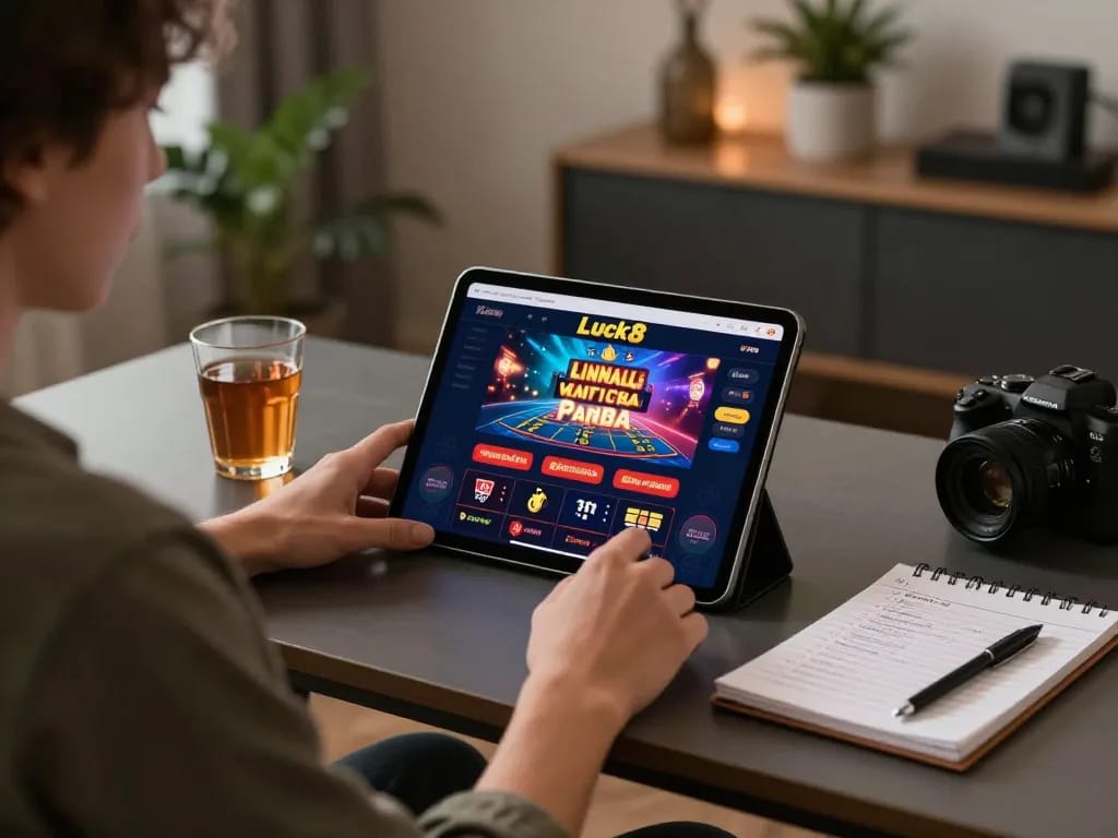 Engaging in Luck8 online gaming with a tablet displaying casino interface and strategy notes.