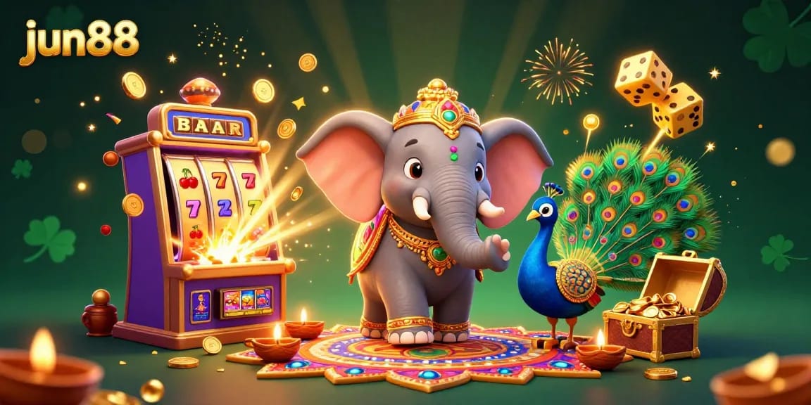 Experience thrilling jackpots at jun88 with vibrant 3D slot machines and festive illustrations.