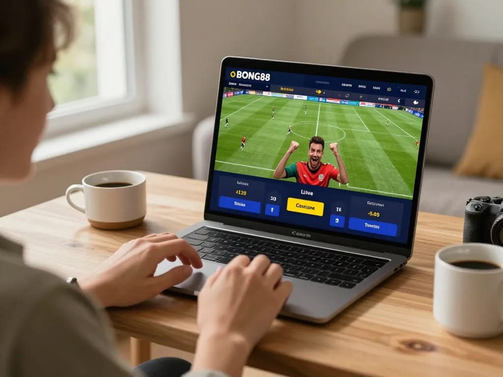 BONG88 user celebrating a winning bet on a smartphone in a cozy home setting