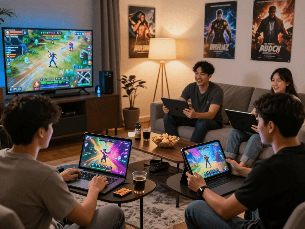 Players enjoying online porn games in a cozy living room, showcasing gaming excitement and socializing.