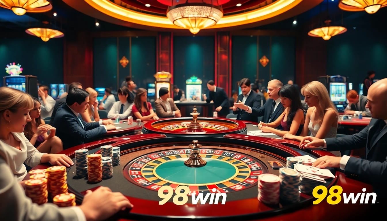 Experience thrilling gameplay at 98win's elegant casino with vibrant roulette and poker action.