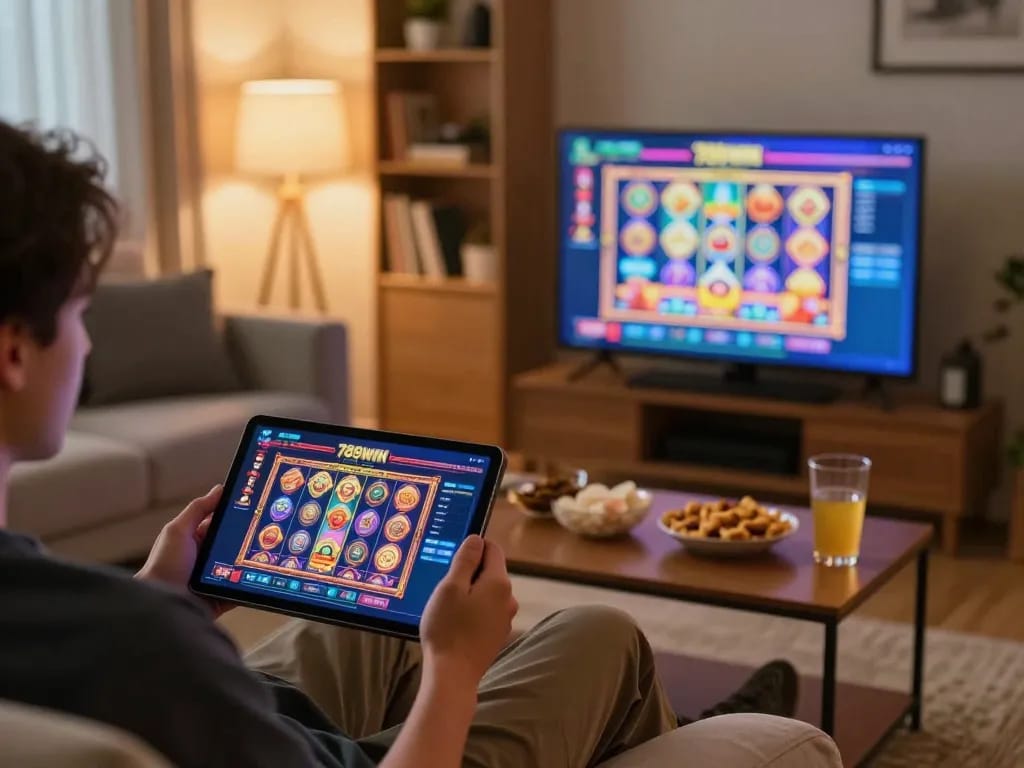 Engaging in online gaming with 789WIN, showing a user-friendly interface and snacks