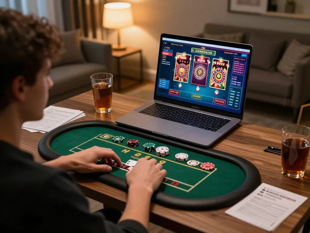 Engaged player experiencing HZ88 online gambling on a laptop in a modern home setup