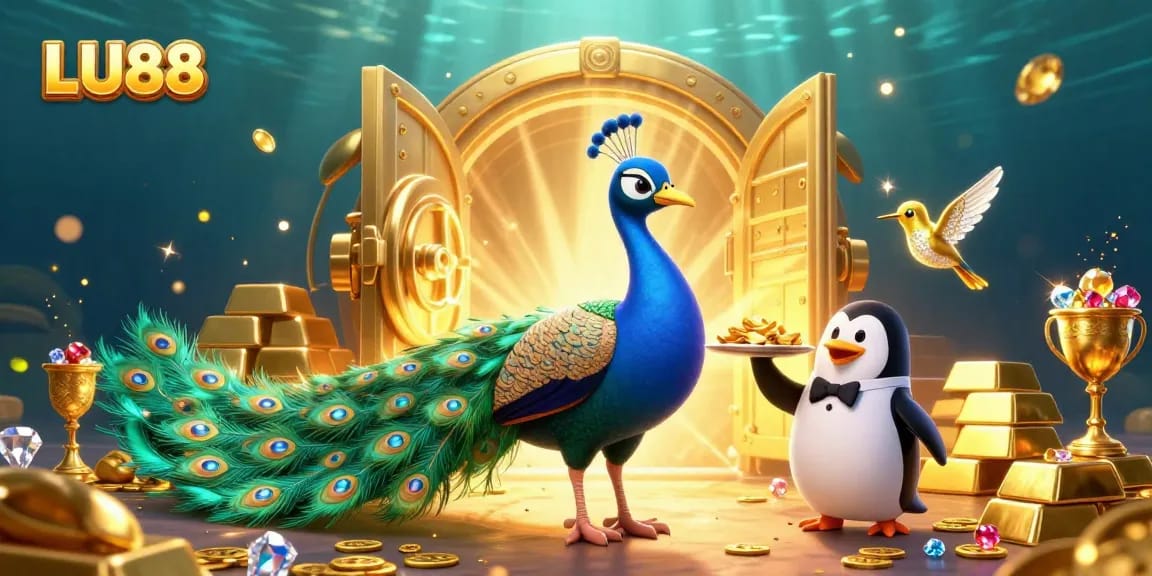 LU88 showcases exciting gameplay with vibrant peacock characters, golden chips, and jewels highlighting the casino atmosphere.