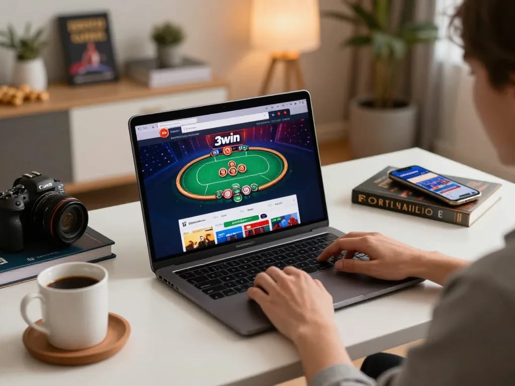 Engaged player at 3win online casino, excitedly placing bets on poker from a cozy home setup.