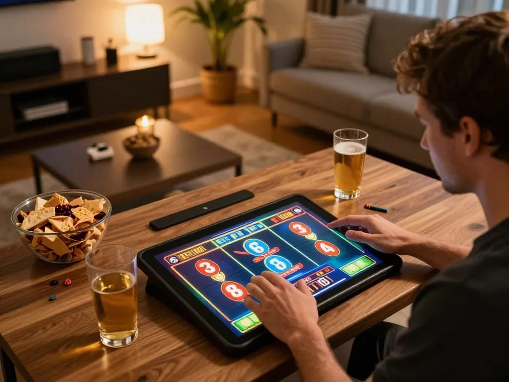 Player enjoying slot games on LC88 tablet in cozy home setting