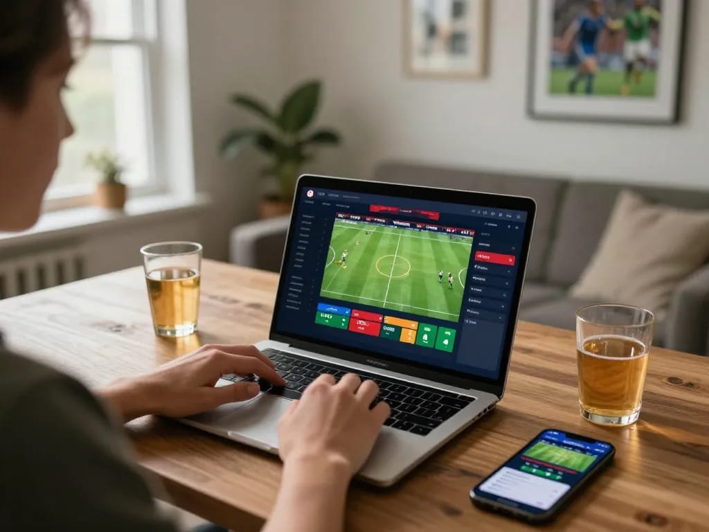 Socolive user engaging in online betting with soccer odds display, cozy home setup