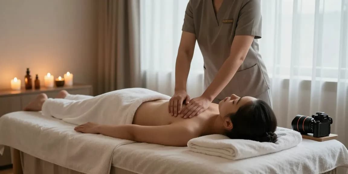 A tranquil spa room featuring a massage therapist providing 화곡동출장마사지 to a client, complemented by soothing ambiance and natural light.