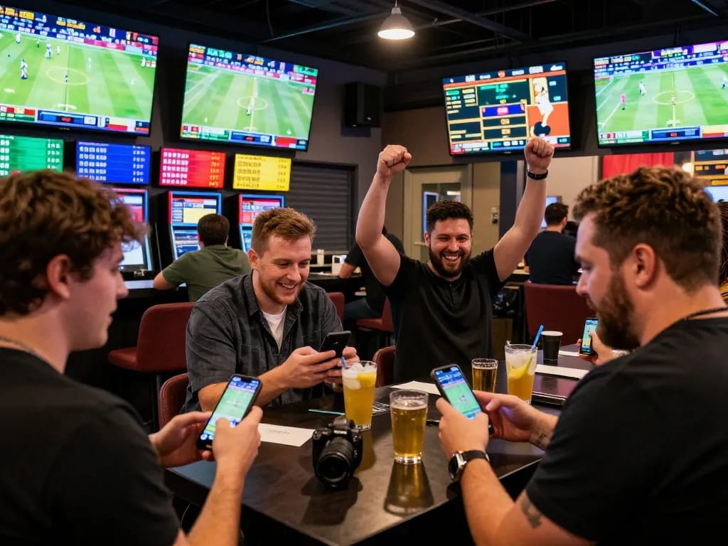 Excited sports bettors engaging with vebotv app in a lively lounge atmosphere.