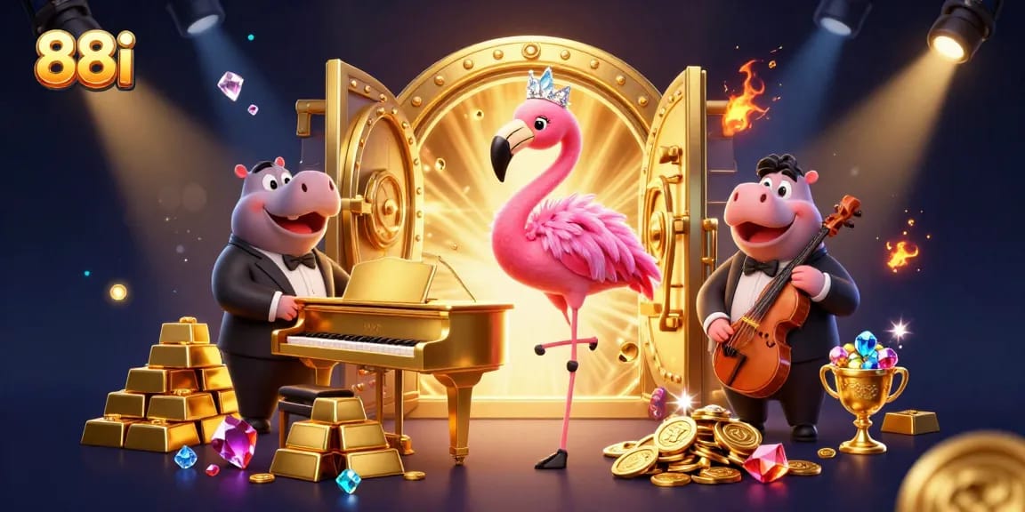 Experience the thrill of 88i with vibrant casino elements, treasure, and animated characters.