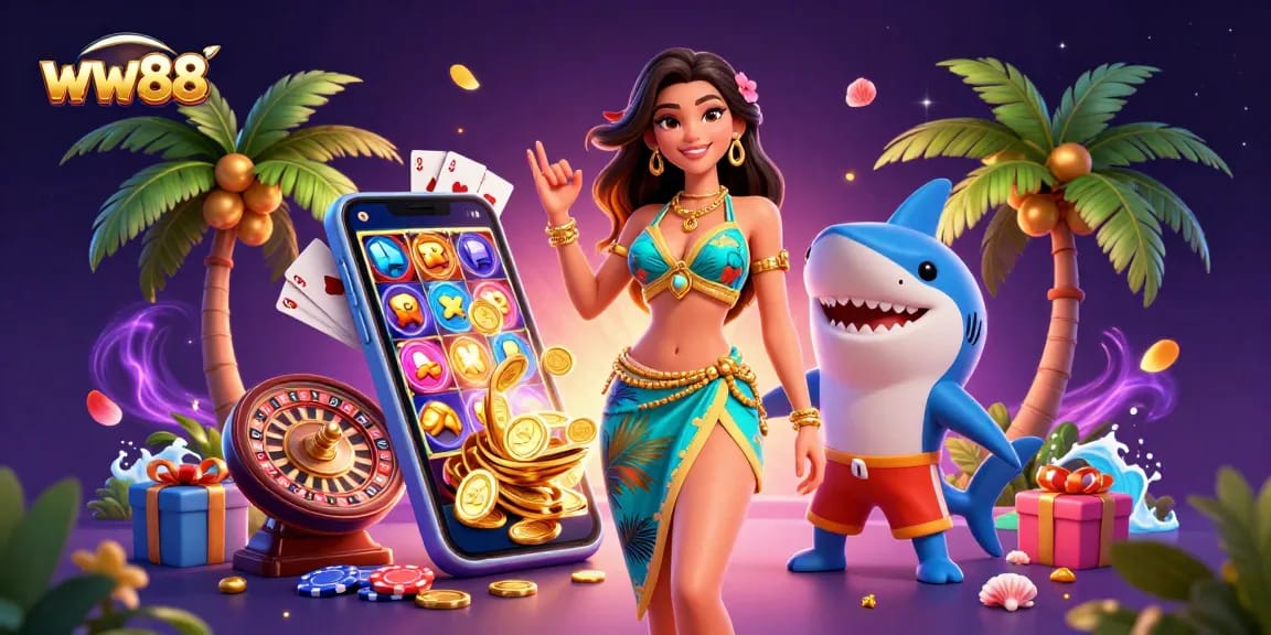 Experience thrilling casino excitement with the glamorous ww88 beach goddess and playful shark.