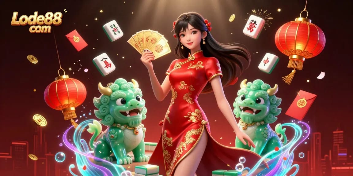 Experience thrilling games at Lode88 com with vibrant visuals featuring a woman in a qipao and dynamic casino elements.