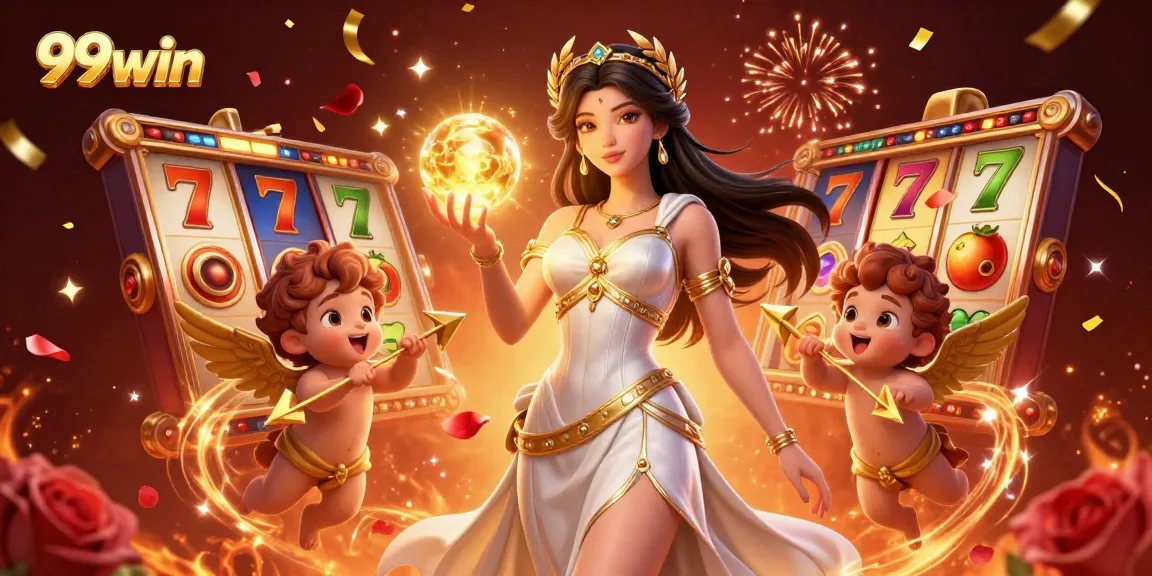 Experience 99win's thrilling casino action with vivid 3D animations of slot machines and celebratory elements.