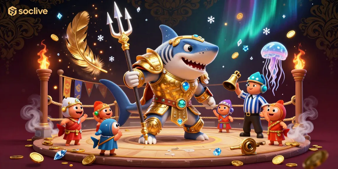 Socolive showcases an exciting underwater gambling scene with a fierce tiger shark in gladiator armor.