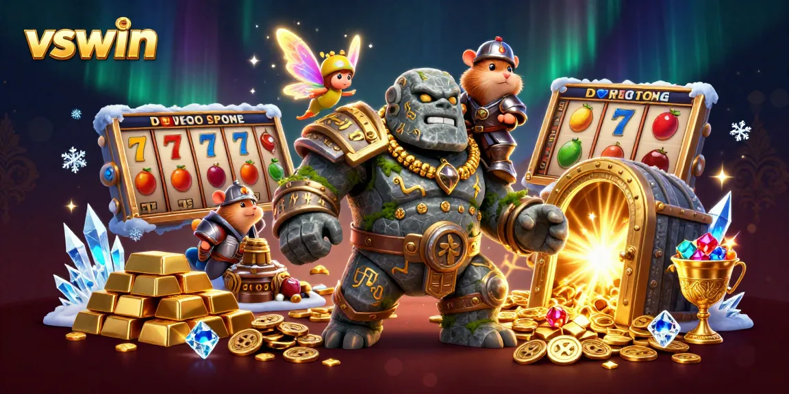 Engage with the vibrant vswin casino illustration showcasing a golem and hamster knight amidst dynamic gaming elements.