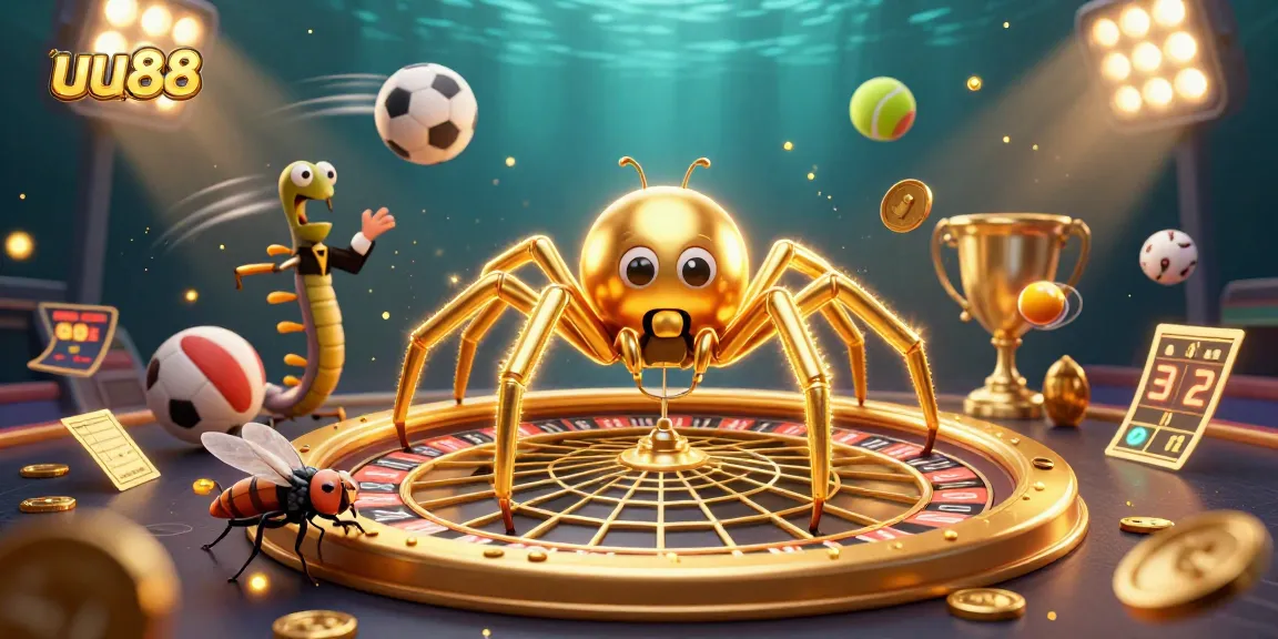 Bet on uu88 with excitement as a fly bets at a roulette wheel web spun by a golden spider.