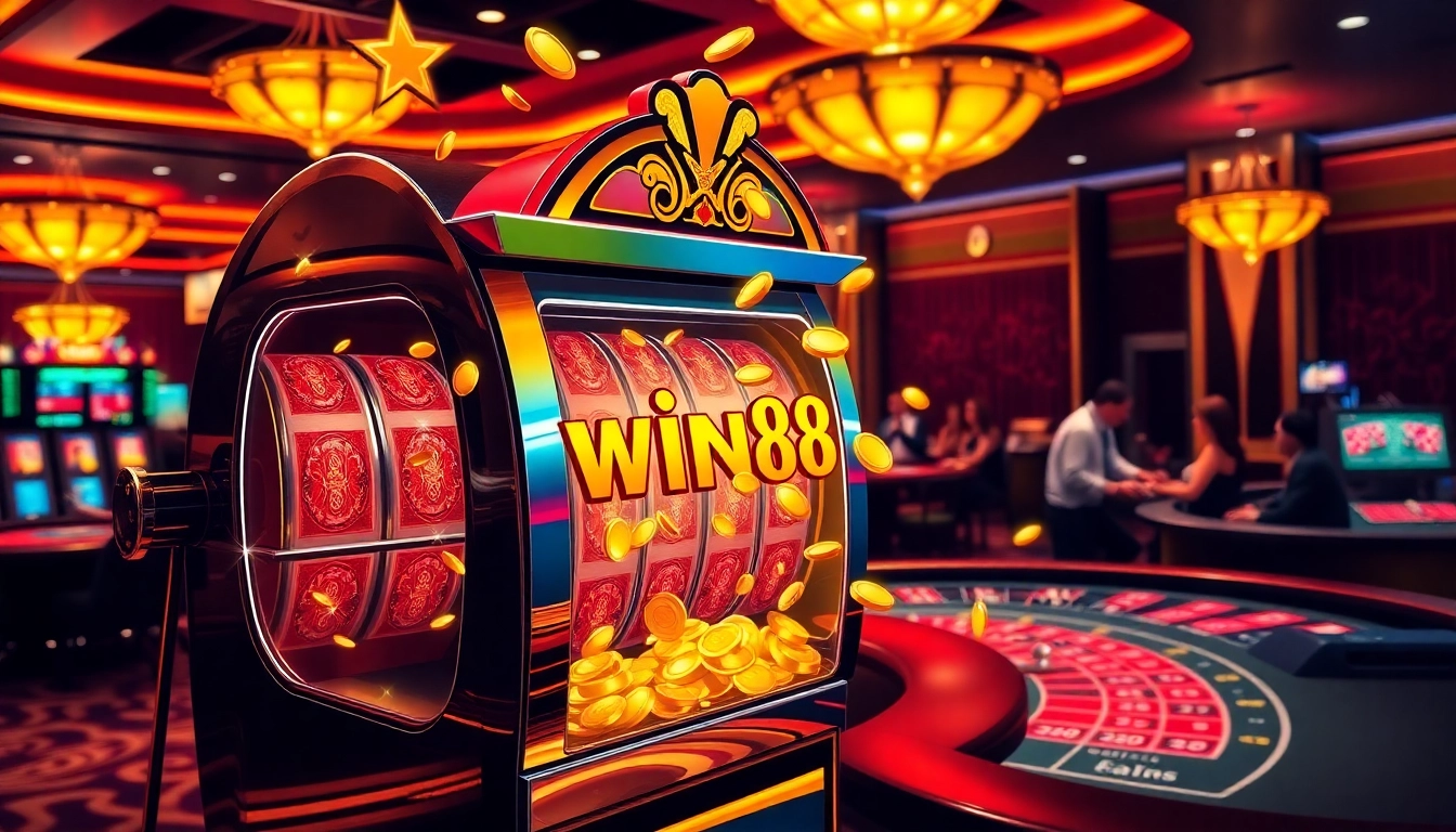 Play on an exciting win88 slot machine with vibrant casino tables in the background.