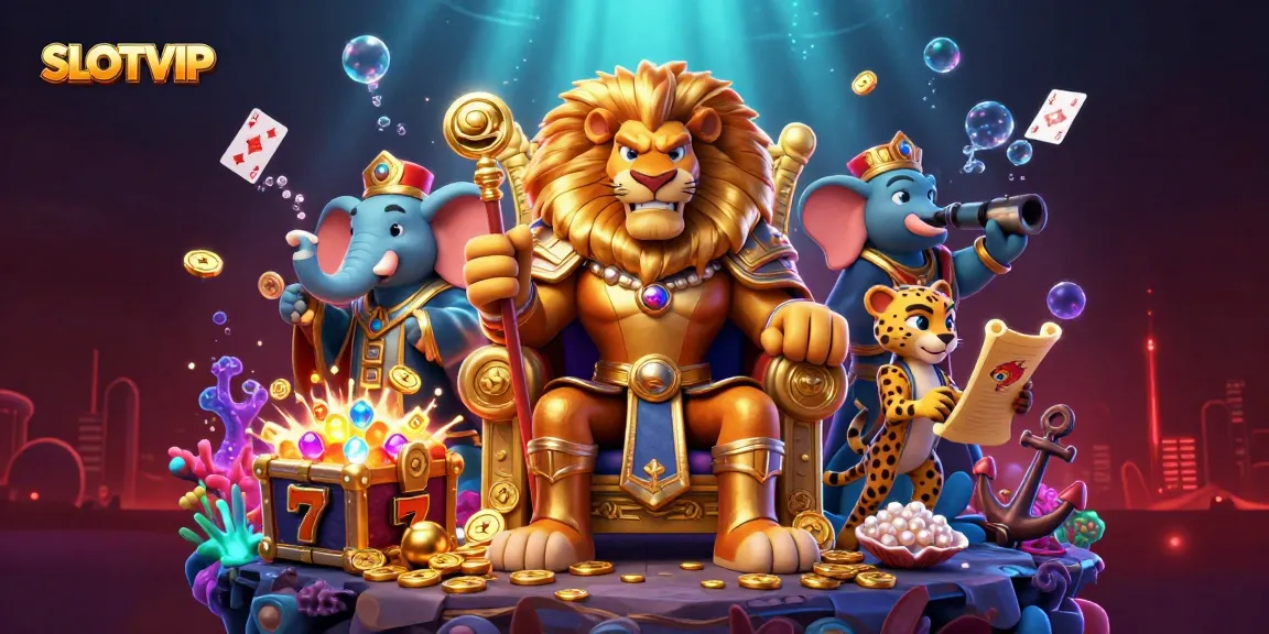 SLOTVIP showcases a majestic lion king and his advisors amidst vibrant slot elements and treasures.