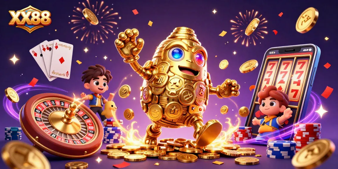Experience thrilling gameplay with XX88's vibrant 3D casino scene featuring a golden golem and slot machines.