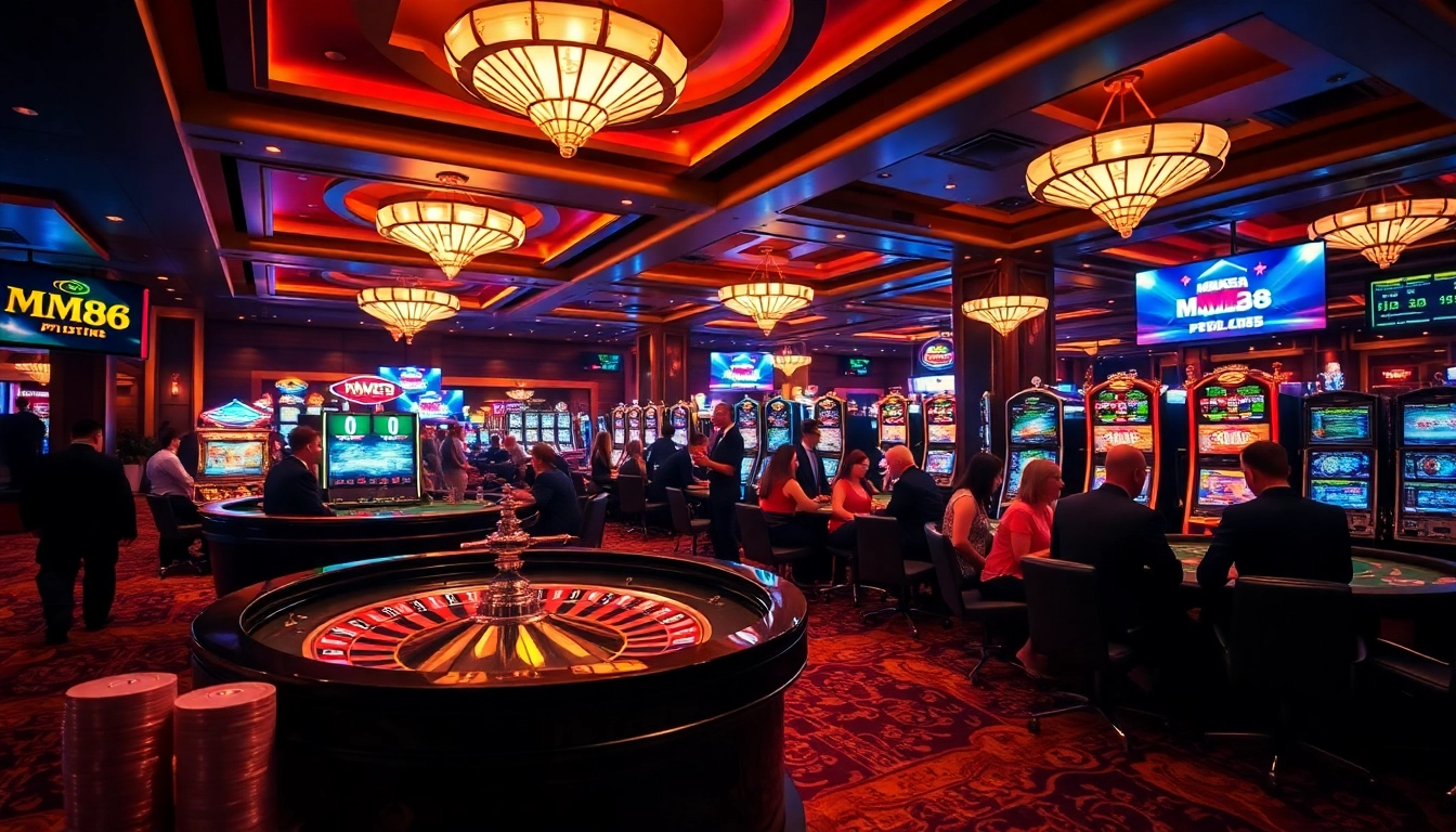 MM88 players engaging in high-stakes gaming with roulette and slot machines.