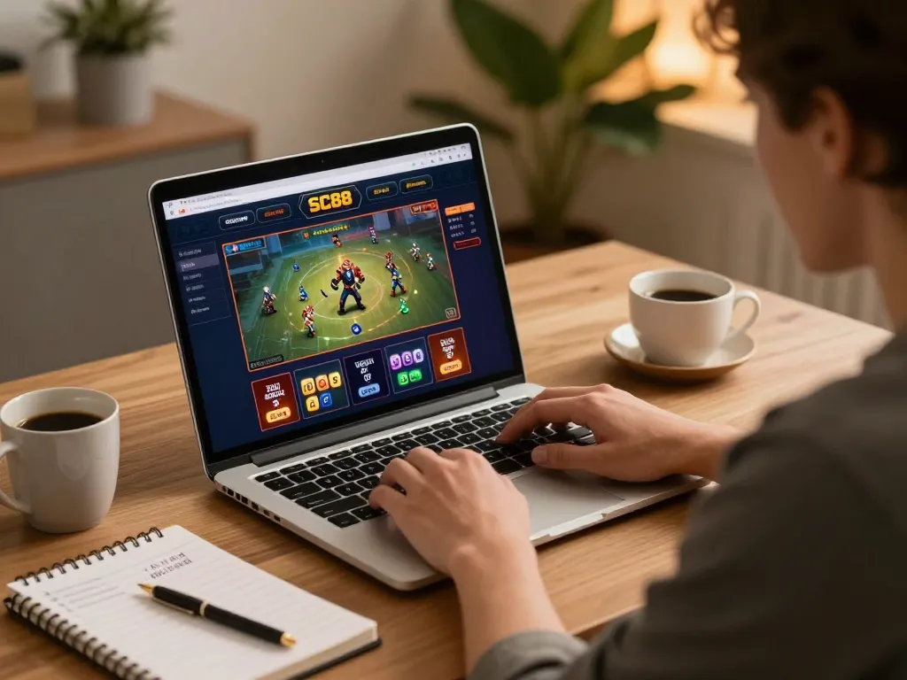 Engaging with the SC88 online casino interface in a stylish home office setup.