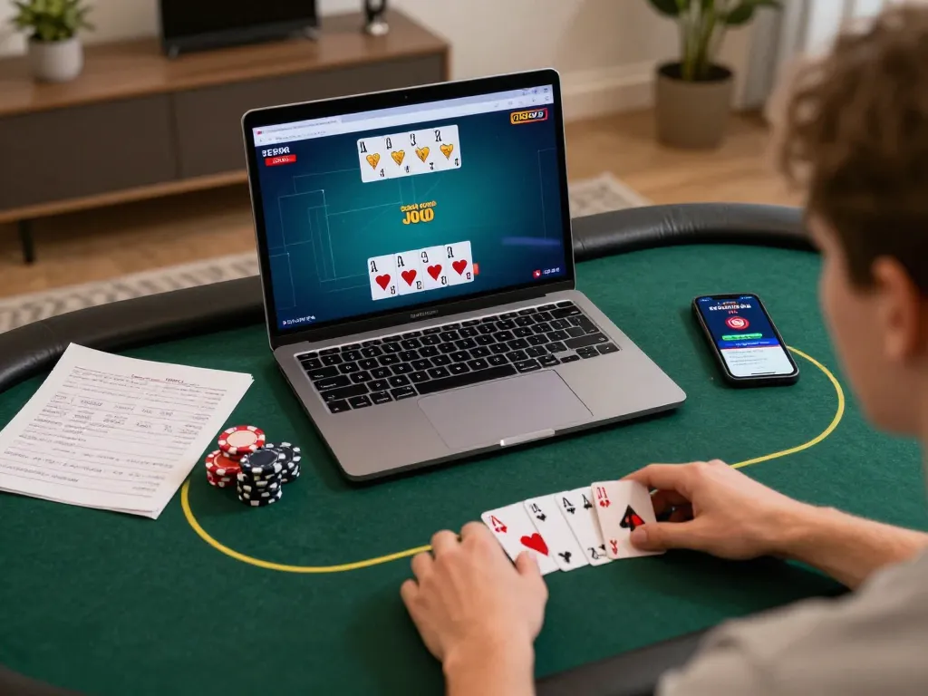 Players enjoy online poker with nhà cái 789BET on a laptop, showing gameplay and strategy notes.