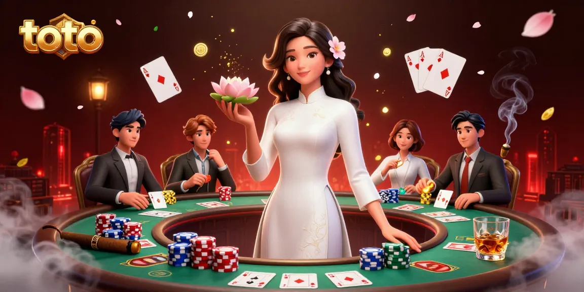 Toto players engage in poker action with a serene Asian woman in an elegant ao dai surrounded by vibrant casino elements.