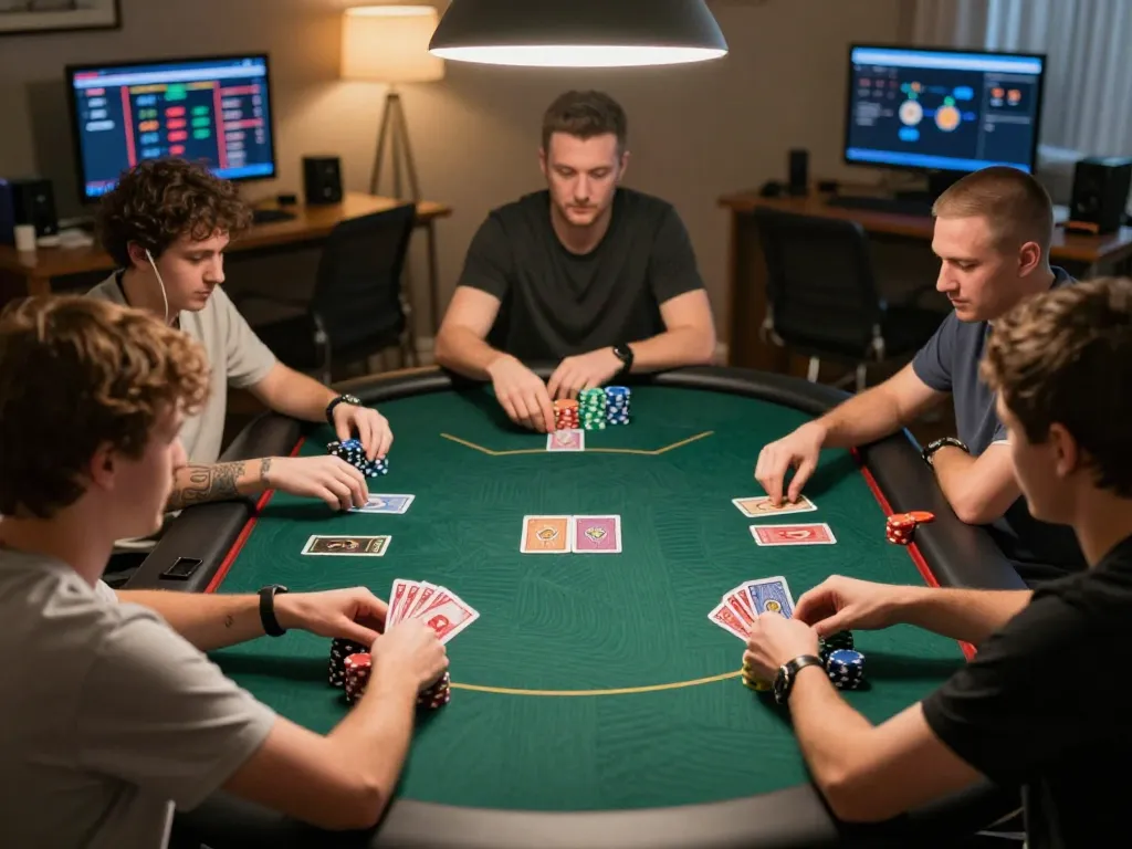 Players strategizing in an online poker game on Dabet, showing colorful chips and dealing cards