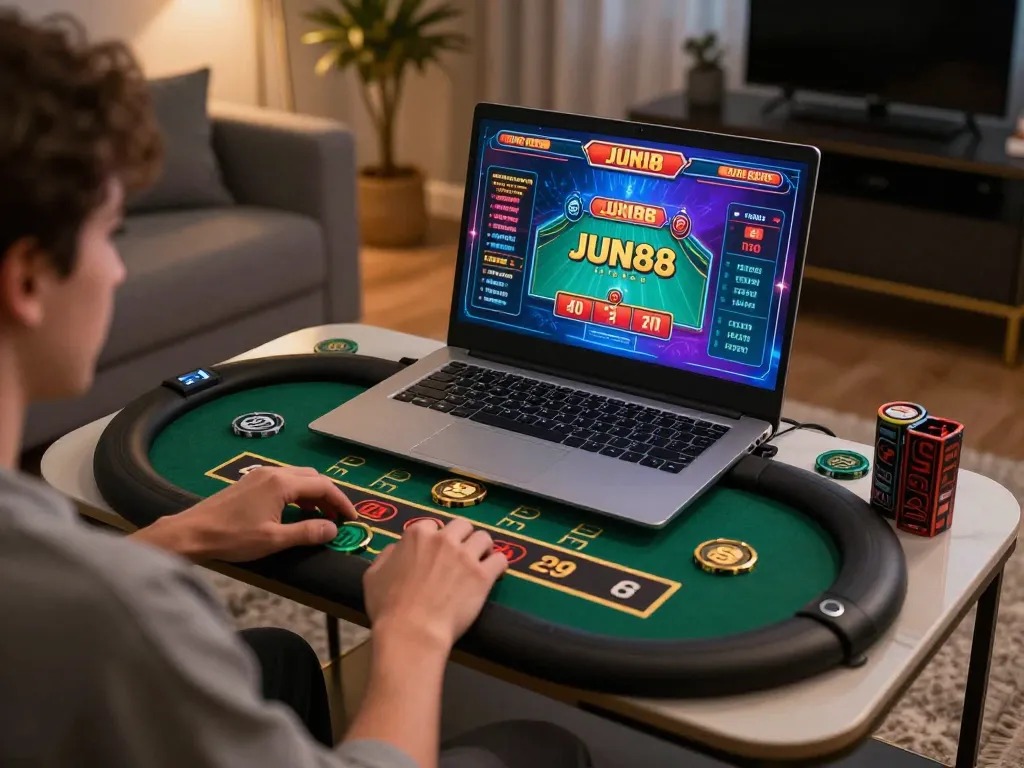 Enjoying engaging online casino gameplay on JUN88 in a cozy, modern home setup
