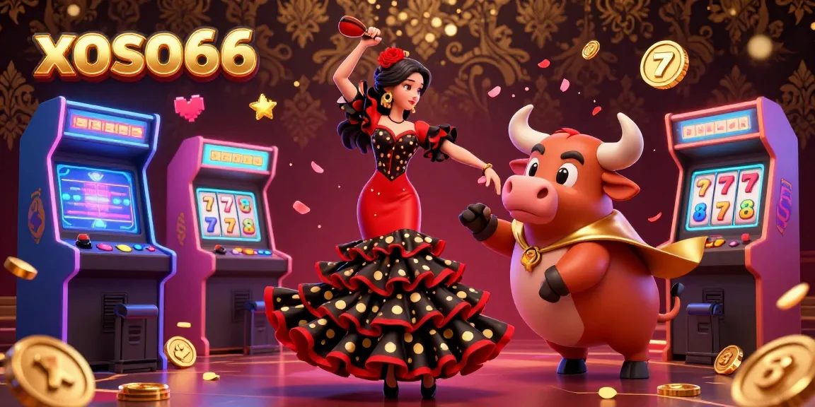 Experience the thrill of gaming with xoso66, showcasing a vibrant casino scene featuring a dancing flamenco woman and a fighting bull.