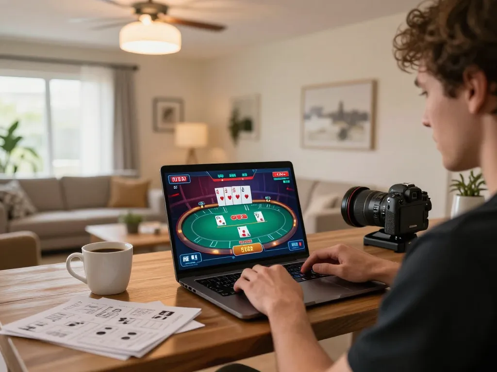 F168 player engaging in strategic online poker gameplay while managing bankroll at home
