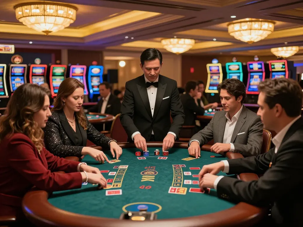 An engaging scene of players at hd88 blackjack tables making strategic bets in a vibrant casino atmosphere.