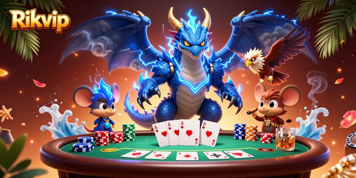 Win big with Rikvip at a vibrant poker scene packed with colorful chips and characters.