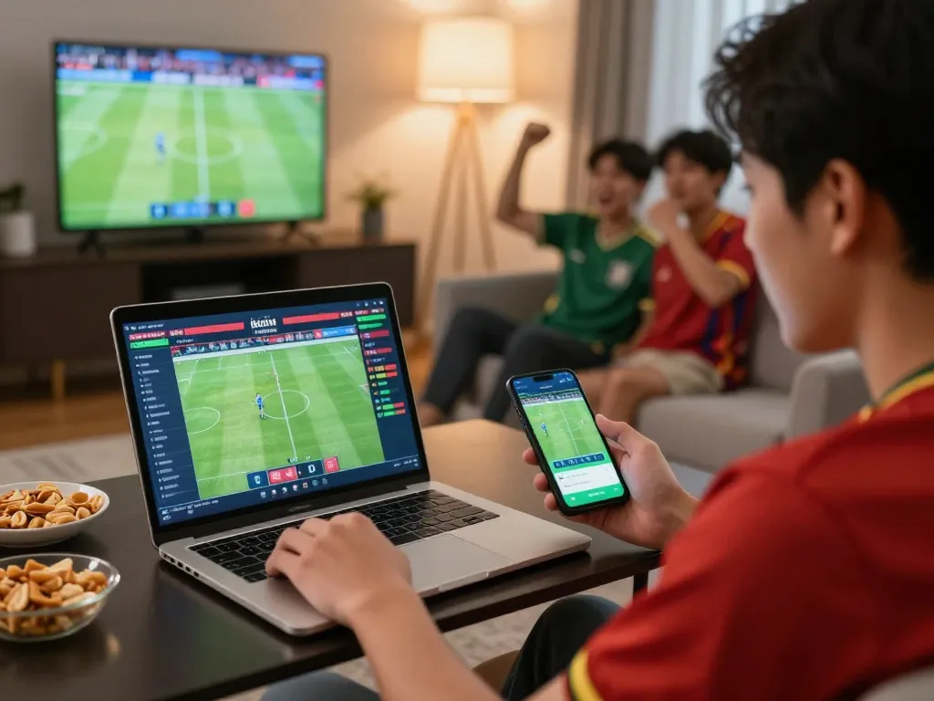 Fan checking kèo nhà cái odds during live football match, enhancing sports betting excitement