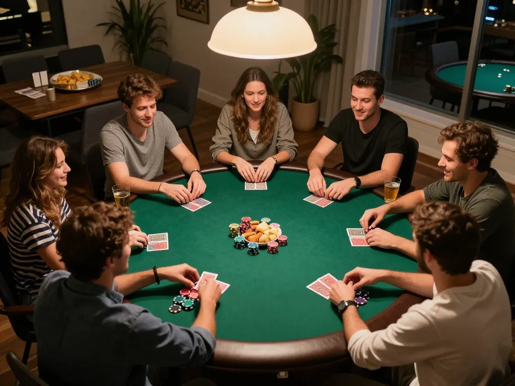 Tỷ lệ kèo nhà cái 5 displayed on a smartphone during a friendly poker night, showing vibrant gaming action.