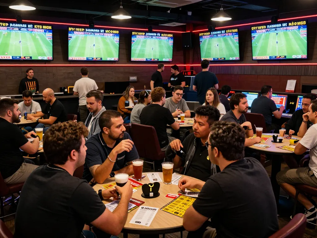 Live betting excitement with tỷ lệ kèo nhà cái displayed on screens, fans engaged in dynamic sports betting environment.