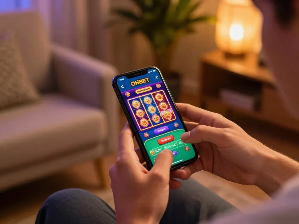 Player engaging with the Onbet casino app, showcasing dynamic slot machine interface.
